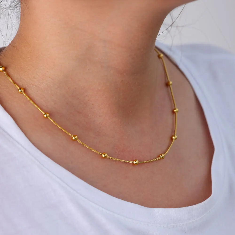 B-1 Sparkling Stainless Steel Gold Color Beads Chain Necklace For Women (18k gold plated)